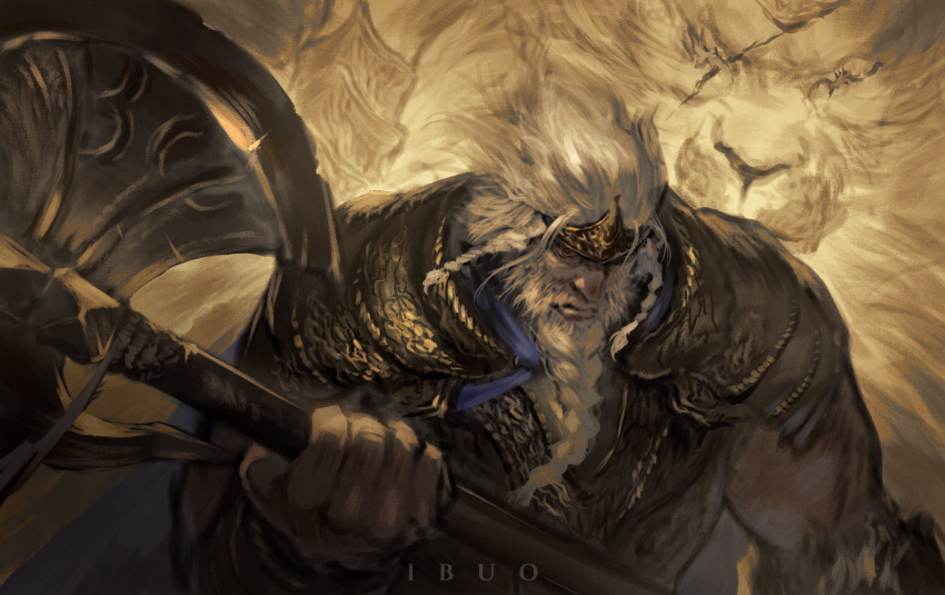 1boy animal armor artist_name axe beard braid braided_beard circlet elden_ring facial_hair godfrey_first_elden_lord grey_hair highres holding holding_axe holding_weapon ibuo_(ibukht1015) lion long_hair long_sleeves male_focus muscular muscular_male scar scar_across_eye serosh_(elden_ring) shoulder_armor solo weapon white_hair