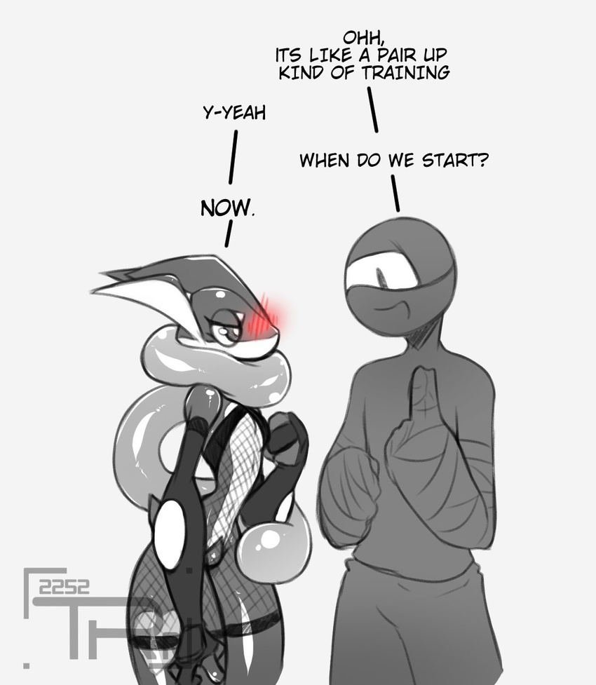 anthro blush clothing dialogue duo english_text female fishnet_clothing generation_6_pokemon greninja hi_res human male mammal monochrome ninja nintendo pokemon pokemon_(species) teaspoon text warrior wide_hips