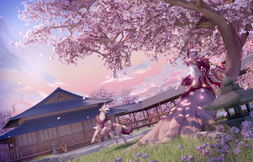 architecture bamboo_cup canyne cherry_blossoms cloud cloudy_sky commentary dango drinking east_asian_architecture fangs felyne food from_behind grass hat highres japanese_clothes mask mizutsune_(armor) monster_hunter_(character) monster_hunter_(series) monster_hunter_rise outdoors petals pink_headwear sanshoku_dango sitting sky tree wagashi wumang_xing