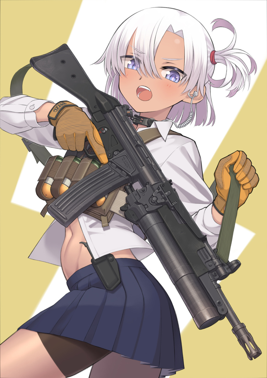 assault_rifle blue_eyes blue_skirt commentary dark-skinned_female dark_skin female from_below gloves grenade_launcher gun h&k_hk33 highres open_mouth original rifle samaru_(seiga) school_uniform shirt skirt solo stomach submachine_gun trigger_discipline underbarrel_grenade_launcher weapon white_hair white_shirt yellow_gloves