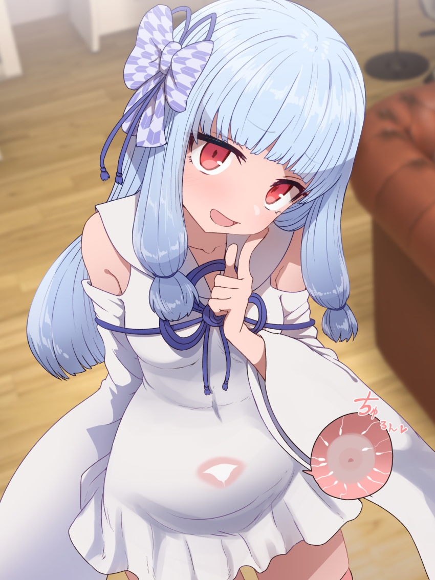 :d blue_hair blue_ribbon blunt_bangs blurry blurry_background blush bow clothing_cutout cowboy_shot cum cum_in_pussy depth_of_field detached_sleeves dress female fertilization finger_to_cheek hairbow hand_up head_tilt highres impregnation index_finger_raised indoors kotonoha_aoi long_sleeves looking_at_viewer open_mouth ovum purple_bow red_eyes ribbon short_dress shoulder_cutout smile solo sperm_cell standing sumiyao_(amam) uterus voiceroid white_dress wide_sleeves x-ray