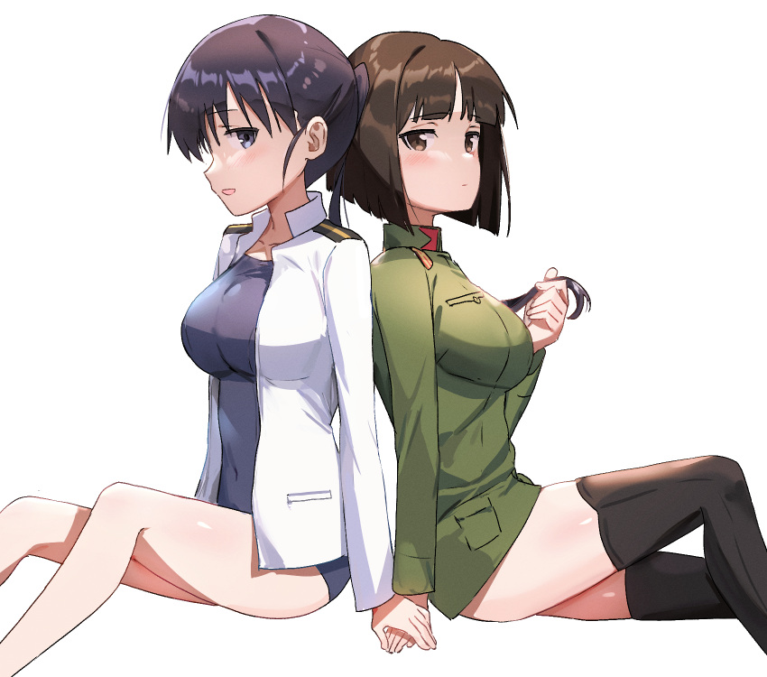 2girls back-to-back bad_id bad_pixiv_id black_eyes black_hair black_legwear blunt_bangs blush breasts brown_eyes brown_hair commentary etou_toshiko from_side highres holding_another's_hair holding_hands jacket kitagou_fumika large_breasts long_hair looking_at_viewer medium_breasts medium_hair mejina military military_uniform multiple_girls playing_with_another's_hair ponytail school_swimsuit shiny_skin strike_witches_zero swimsuit thighhighs thighs uniform white_background white_jacket world_witches_series yuri