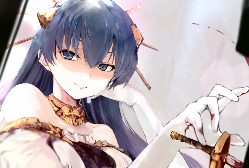 agulo bare_shoulders blood blood_on_gloves blood_on_weapon blue_eyes blue_hair breasts collarbone commentary constricted_pupils detached_collar female gloves hair_between_eyes hair_ornament hairpin hand_on_own_face highres lia_parapara_leazas long_hair looking_away off_shoulder rance_(series) rance_01 shaded_face shadow smile solo sword upper_body v-shaped_eyebrows weapon white_gloves