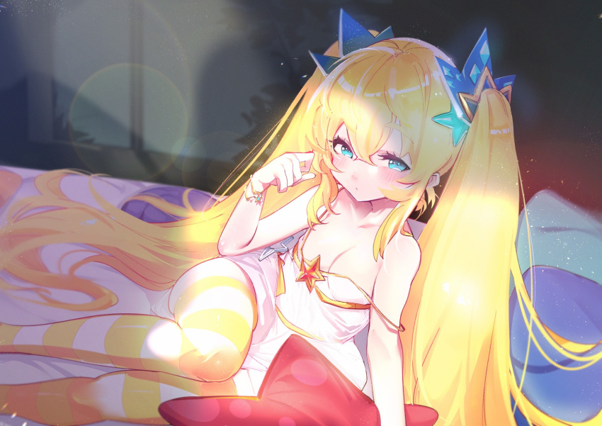 bed blonde_hair blush breasts closed_mouth collarbone ejami feet_out_of_frame female hair_ornament highres jewelry long_hair lying on_side solo star_(symbol) strap_slip striped twintails wild_girls window