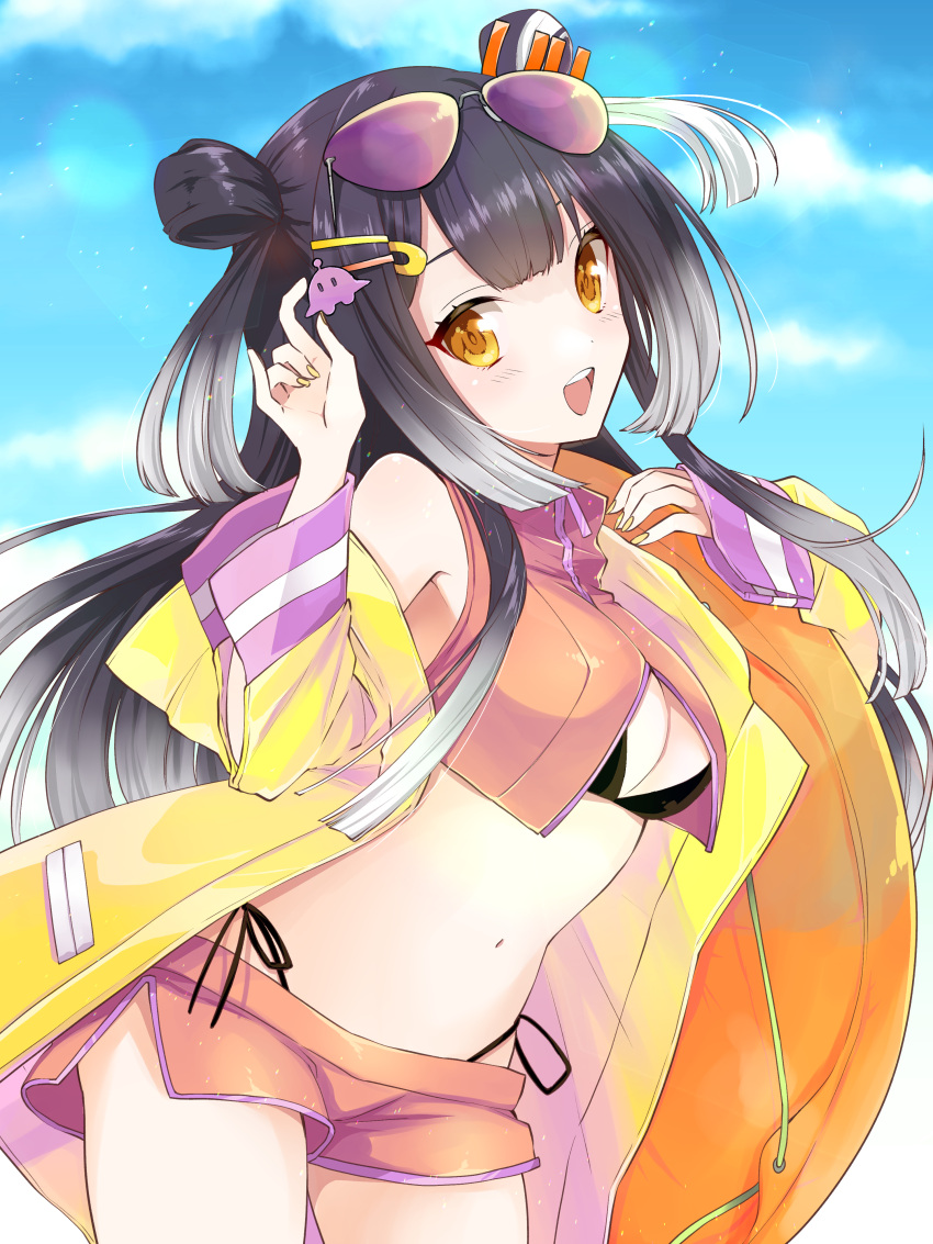 :d absurdres bare_shoulders bikini bikini_under_clothes black_bikini black_hair blunt_bangs blush breasts center_opening cloud crop_top day dolphin_shorts double_bun eyewear_on_head female gradient_hair grey_hair hair_bun hair_ornament hairclip highleg highleg_bikini highres jacket long_hair looking_at_viewer medium_breasts multicolored_hair navel nijisanji open_clothes open_jacket open_mouth orange_shorts orange_vest short_shorts shorts side-tie_bikini_bottom sky smile solo streaked_hair sunglasses swimsuit teeth two_side_up umise_yotsuha unyon_bbunco upper_teeth_only very_long_hair vest virtual_youtuber yellow_eyes yellow_jacket yellow_nails zipper zipper_pull_tab