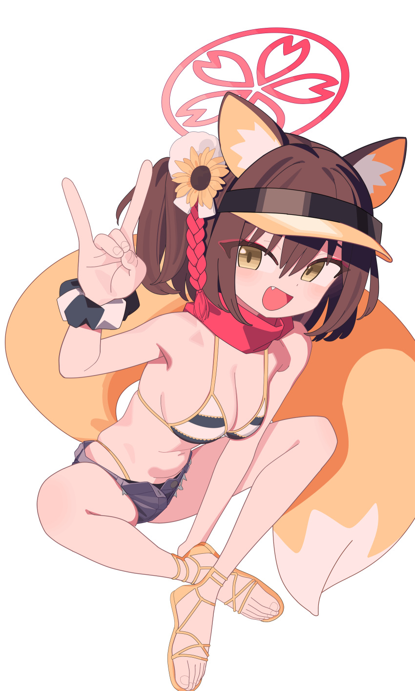 absurdres animal_ear_fluff animal_ears bikini blue_archive blush breasts brown_hair cleavage denim denim_shorts female flower fox_ears fox_girl fox_shadow_puppet fox_tail hair_between_eyes hair_flower hair_ornament halo highleg highleg_bikini highres izuna_(blue_archive) izuna_(swimsuit)_(blue_archive) looking_at_viewer mabera medium_breasts micro_shorts oerba_yun_fang open_mouth orange_footwear pink_halo pom_pom_(clothes) pom_pom_hair_ornament red_scarf sandals scarf short_shorts shorts simple_background sitting solo swimsuit tail visor_cap white_background yellow_eyes