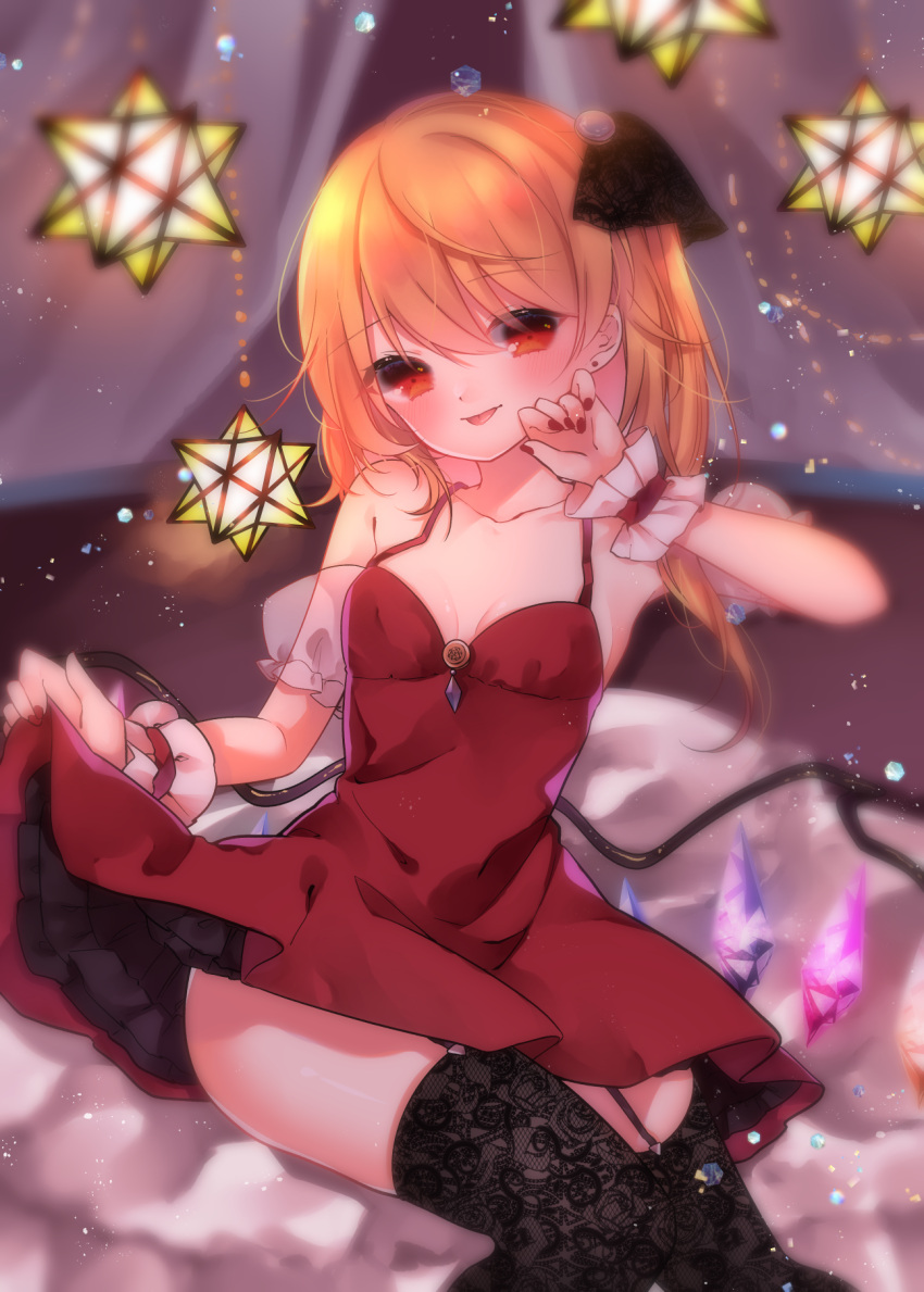 :p alternate_costume arm_up bare_arms black_thighhighs blonde_hair blurry blurry_background breasts brooch cacao_(cacaomgmg) cleavage clothes_lift collarbone commentary_request cowboy_shot curtains depth_of_field detached_sleeves dress dress_lift female fingernails flandre_scarlet garter_straps hair_between_eyes hair_ribbon hanging_light head_tilt highres jewelry lace lace_legwear lifting_own_clothes looking_at_viewer nail_polish no_headwear one_side_up petticoat puffy_short_sleeves puffy_sleeves red_dress red_eyes red_nails ribbon see-through see-through_sleeves short_sleeves sitting small_breasts small_stellated_dodecahedron soft_focus solo thighhighs tongue tongue_out touhou wings wrist_cuffs