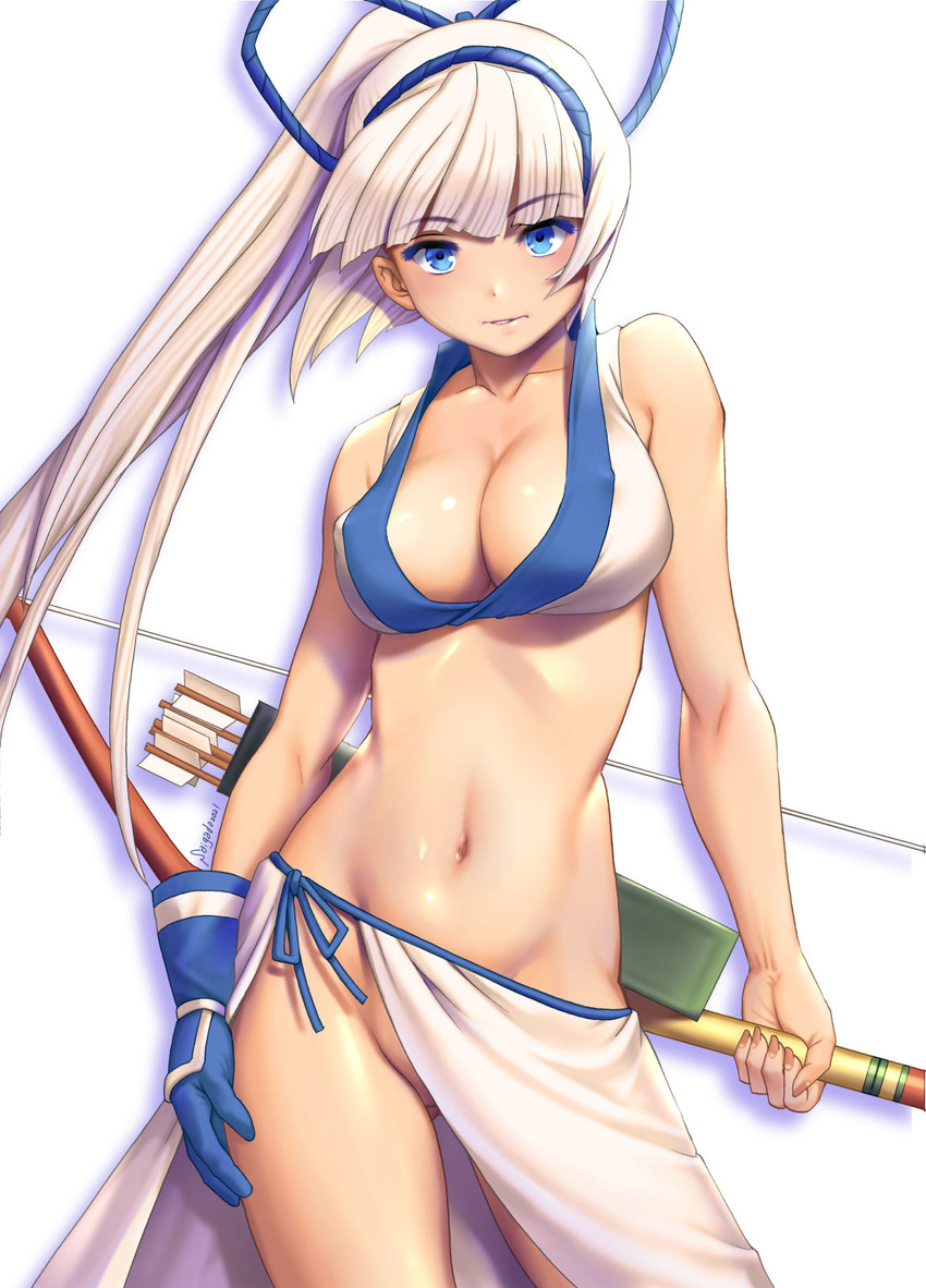 blue_eyes bow_(weapon) breasts covered_nipples dark-skinned_female dark_skin female highres holding holding_weapon looking_at_viewer majikina_mina medium_breasts navel no_panties ponytail revision saigado samurai_spirits sarong shiny_skin side-tie_skirt solo standing weapon white_hair white_sarong