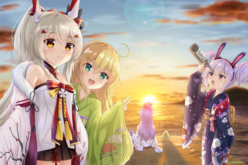 4girls :d absurdres ahoge albacore_(azur_lane) alicorn alternate_costume animal_ears ayanami_(azur_lane) ayanami_(pulse_of_the_new_year)_(azur_lane) azur_lane bare_shoulders bird black_skirt blonde_hair blurry bottle breasts chick cleavage cloud cloudy_sky coat commentary_request depth_of_field detached_collar double_bun eyes_visible_through_hair fake_animal_ears from_behind fur-trimmed_coat fur_trim green_eyes hair_bun hair_ornament hairclip headgear highres holding holding_bottle horizon island japanese_clothes kimono laffey_(azur_lane) laffey_(snow_rabbit_and_candy_apple)_(azur_lane) long_hair looking_away looking_up manjuu_(azur_lane) mask mask_on_head medium_breasts multiple_girls ocean open_mouth orange_eyes pleated_skirt ponytail purple_hair rabbit_ears red_eyes retrofit_(azur_lane) sidelocks sironora skirt sky smile sun sunrise twitter_username unicorn_(azur_lane) unicorn_(prayer_of_plum_and_snow)_(azur_lane) v white_hair wide_sleeves wine_bottle