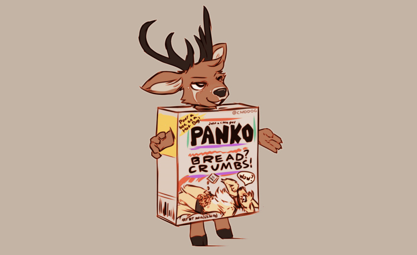 anthro antlers box breadcrumbs brown_body brown_fur canid canine canis chest_tuft clothing container costume deer domestic_dog facial_markings fluffy fur head_markings hooves horn humanoid_hands humor lawyerdog male mammal markings panko_(lawyerdog) pun smile solo tuft underwear