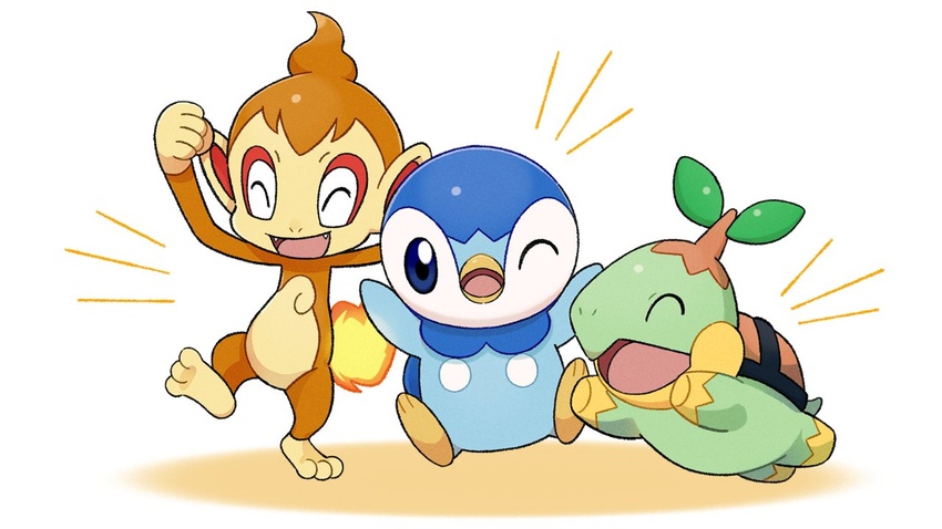 blue_eyes chimchar closed_eyes commentary_request fangs fire jumping leg_up no_humans one_eye_closed open_mouth piplup pokemon pokemon_(creature) project_pochama standing standing_on_one_leg starter_pokemon_trio toes tongue turtwig white_background