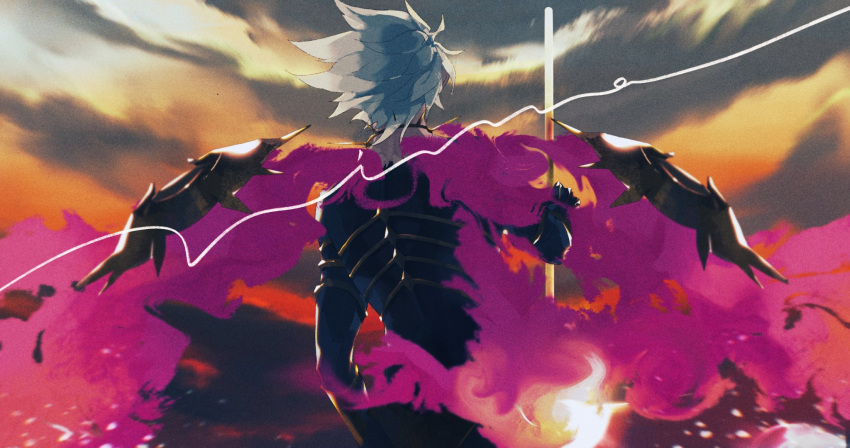 1boy armor choker colored_skin fate/apocrypha fate_(series) fire from_behind hand_on_own_hip highres holding holding_weapon karna_(fate) male_focus masuo1992 multicolored_skin two-tone_skin upper_body weapon white_hair