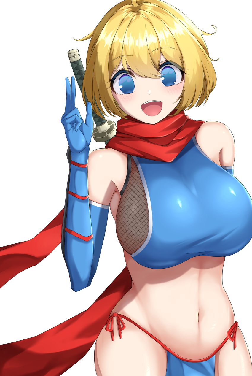 absurdres alice_margatroid alternate_costume arm_behind_back blonde_hair blue_eyes blue_gloves blush breasts commentary_request cookie_(touhou) cowboy_shot crop_top dutch_angle elbow_gloves female fishnet_top fishnets gloves highres ikikiksgiksg katana large_breasts looking_at_viewer navel pelvic_curtain red_scarf scarf short_hair simple_background smile solo sword sword_behind_back teeth touhou upper_teeth_only weapon web_(cookie) white_background