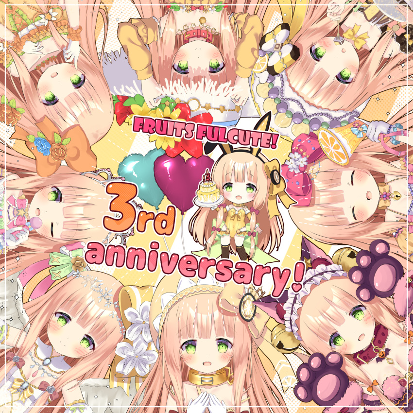 6+girls :d ;d ^_^ animal_ears animal_hands anniversary bare_shoulders black_gloves black_hairband black_thighhighs blush bow breasts brown_bow brown_hair cake chibi closed_eyes collar collarbone commentary_request copyright_name covered_navel dress food fork frilled_dress frilled_hairband frills fruits_fulcute! fur-trimmed_gloves fur_trim gloves green_eyes hairband hairbow hands_up highres holding holding_fork holding_microphone lemon_(fruits_fulcute!) leotard long_hair microphone multiple_girls one_eye_closed over-kneehighs parted_lips paw_gloves rabbit_ears red_collar siera_(sieracitrus) small_breasts smile thighhighs very_long_hair white_dress white_gloves yellow_bow yellow_collar yellow_leotard