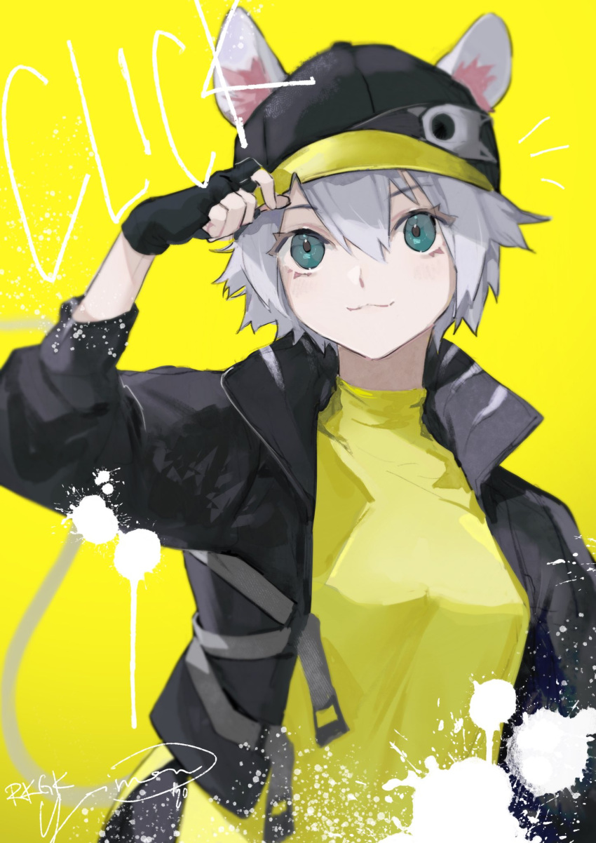 :3 adjusting_clothes adjusting_headwear animal_ears aqua_eyes arknights baseball_cap black_gloves black_hat black_jacket character_name click_(arknights) closed_mouth ears_through_headwear female fingerless_gloves gloves grey_hair hair_between_eyes hand_on_headwear hand_up hat highres jacket long_sleeves looking_at_viewer mouse_ears mouse_girl mouse_tail open_clothes open_jacket paint_splatter procreate_(medium) shirt short_hair signature simple_background smile solo tail tomboy turtleneck upper_body yellow_background yellow_shirt yellow_theme yoimon