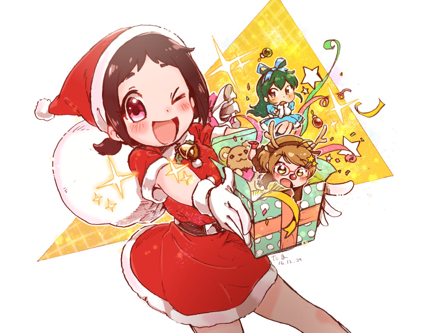 3girls ahoge blue_hair box brown_hair christmas eyebrows glasses hat highres idolmaster idolmaster_cinderella_girls multiple_girls muramatsu_sakura new_wave_(idolmaster) ohishi_izumi santa_costume santa_hat short_twintails smile tamachan_(gam_baru_ger) tsuchiya_ako twintails