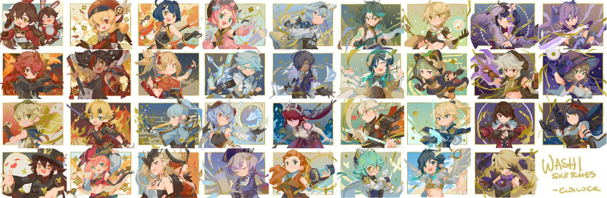 6+boys 6+girls aether_(genshin_impact) aloy_(horizon) amber_(genshin_impact) animal_ears arm_tattoo bangs_pinned_back baron_bunny_(genshin_impact) bead_necklace beads beidou_(genshin_impact) bennett_(genshin_impact) black_hair blonde_hair blue_hair boo_tao_(genshin_impact) braid breasts brown_hair cat_ears cat_girl cat_tail chongyun_(genshin_impact) closed_eyes cwilocky dark-skinned_male dark_skin diluc_(genshin_impact) diona_(genshin_impact) dodoco_(genshin_impact) double_bun electricity eula_(genshin_impact) eyepatch fake_horns fire fischl_(genshin_impact) ganyu_(genshin_impact) genshin_impact ghost glasses gloves goggles goggles_on_head gradient_hair green_hair grin guoba_(genshin_impact) hair_between_eyes hair_bun hair_ornament hair_over_one_eye hat headband holding holding_sword holding_weapon hood hood_up horizon_(video_game) horizon_zero_dawn horned_headwear horns hu_tao_(genshin_impact) instrument japanese_clothes jean_(genshin_impact) jewelry jumpy_dumpty kaedehara_kazuha kaeya_(genshin_impact) kamisato_ayaka keqing_(genshin_impact) klee_(genshin_impact) kujou_sara leaf leaf_on_head lisa_(genshin_impact) long_hair lyre mask mask_on_head mask_over_one_eye multicolored_hair multiple_boys multiple_girls musou_isshin_(genshin_impact) necklace one_eye_closed open_mouth orange_hair oz_(genshin_impact) partially_fingerless_gloves pink_hair ponytail primordial_jade_winged-spear_(genshin_impact) purple_hair qingdai_guanmao qiqi_(genshin_impact) raiden_shogun razor_(genshin_impact) red_hair rosaria_(genshin_impact) sayu_(genshin_impact) short_hair side_braids signora_(genshin_impact) single_braid smile sparkle spikes streaked_hair sucrose_(genshin_impact) sword tail tattoo thoma_(genshin_impact) thumbs_up venti_(genshin_impact) weapon witch_hat xiangling_(genshin_impact) xiao_(genshin_impact) xinyan_(genshin_impact) yanfei_(genshin_impact) yoimiya_(genshin_impact)