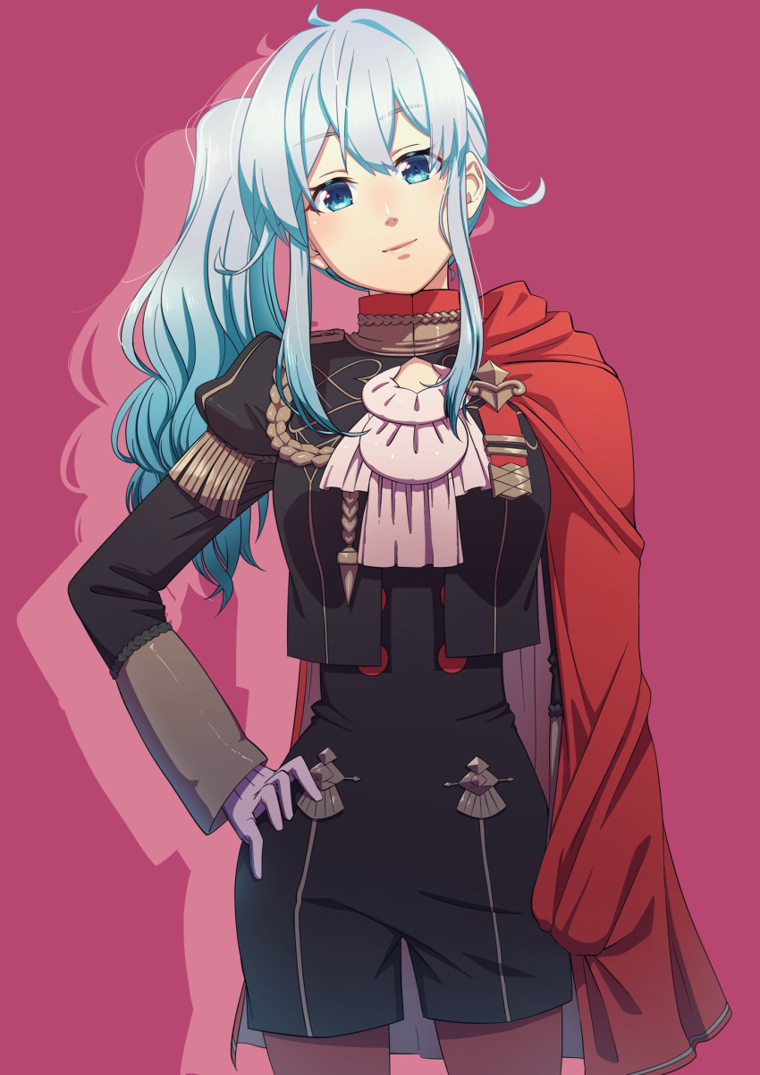 aduti_momoyama ascot blue_eyes blue_hair cape cosplay edelgard_von_hresvelg edelgard_von_hresvelg_(cosplay) female fire_emblem fire_emblem:_three_houses garreg_mach_monastery_uniform gloves grey_hair hair_between_eyes hair_ornament hair_ribbon highres long_hair long_sleeves looking_at_viewer nijisanji pantyhose red_cape ribbon side_ponytail simple_background smile solo virtual_youtuber white_background yukishiro_mahiro