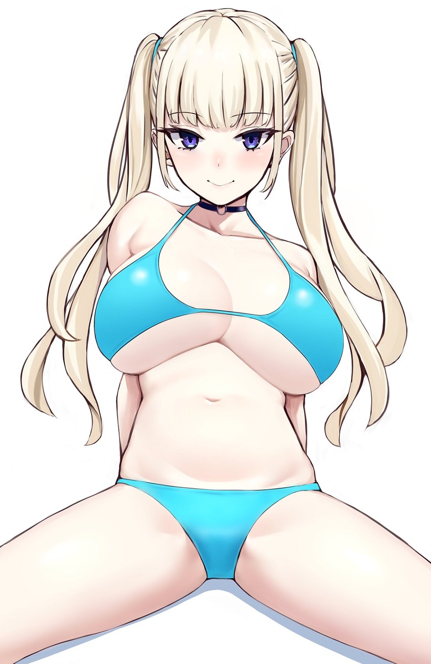 bare_shoulders bikini blonde_hair blue_bikini blue_eyes blush breasts choker cleavage closed_mouth collarbone female highres jewelry large_breasts light_blonde_haired_girl_(michihasu) long_hair looking_at_viewer michihasu original sidelocks simple_background sitting solo spread_legs swimsuit thighs twintails white_background