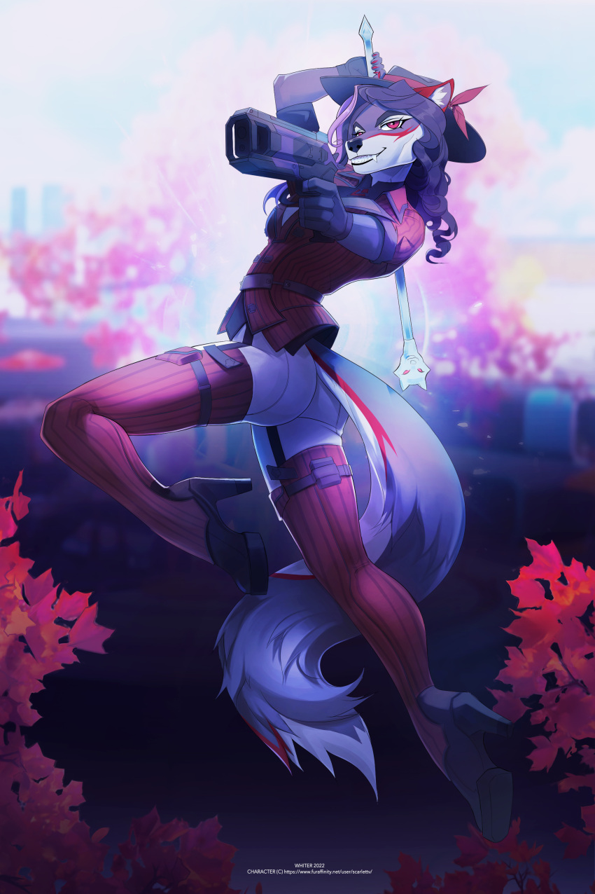 2022 absurd_res anthro breasts canid canine canis clothed clothing digital_media_(artwork) female footwear gun hair hi_res high_heels holding_gun holding_object holding_ranged_weapon holding_weapon legwear mammal purple_hair ranged_weapon red_eyes scarlett_vithica smile solo teeth thigh_highs unknowhiter weapon wolf