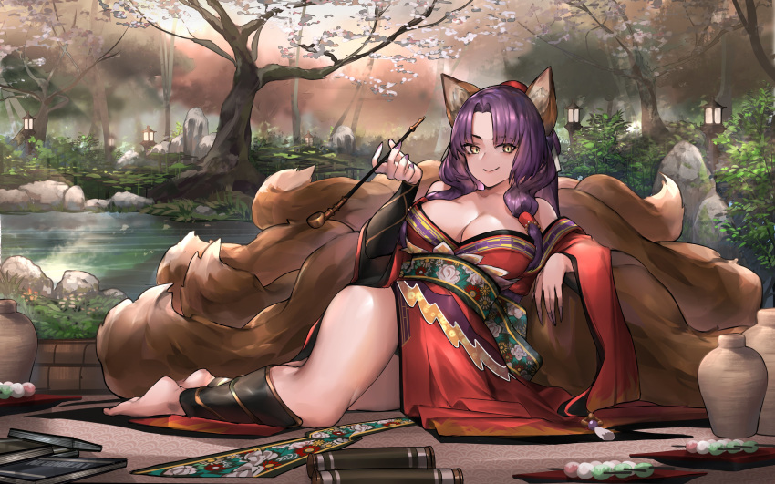 absurdres animal_ears bare_shoulders barefoot book breasts cherry_blossoms cleavage commission female fox_ears fox_tail hand_up highres holding japanese_clothes kamidori_alchemy_meister kimono kiseru kitsune kohakuren kyuubi lamp large_breasts long_hair looking_at_viewer multiple_tails neonbeat obi off_shoulder outdoors pot purple_hair reclining red_kimono river sash scroll side_slit smile smoking_pipe solo tail thighs tree water wide_sleeves yellow_eyes