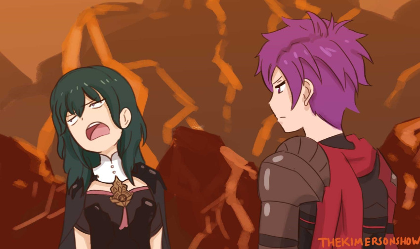 1boy armor blue_eyes blue_hair breasts byleth_(female)_(fire_emblem) byleth_(fire_emblem) charlotte_(anime) cleavage closed_mouth commentary english_commentary female fire_emblem fire_emblem:_three_houses fire_emblem_warriors:_three_hopes hair_ornament hair_over_one_eye highres kimerson long_hair long_sleeves medium_hair meme open_mouth purple_eyes purple_hair shez_(fire_emblem) shez_(male)_(fire_emblem) short_hair simple_background