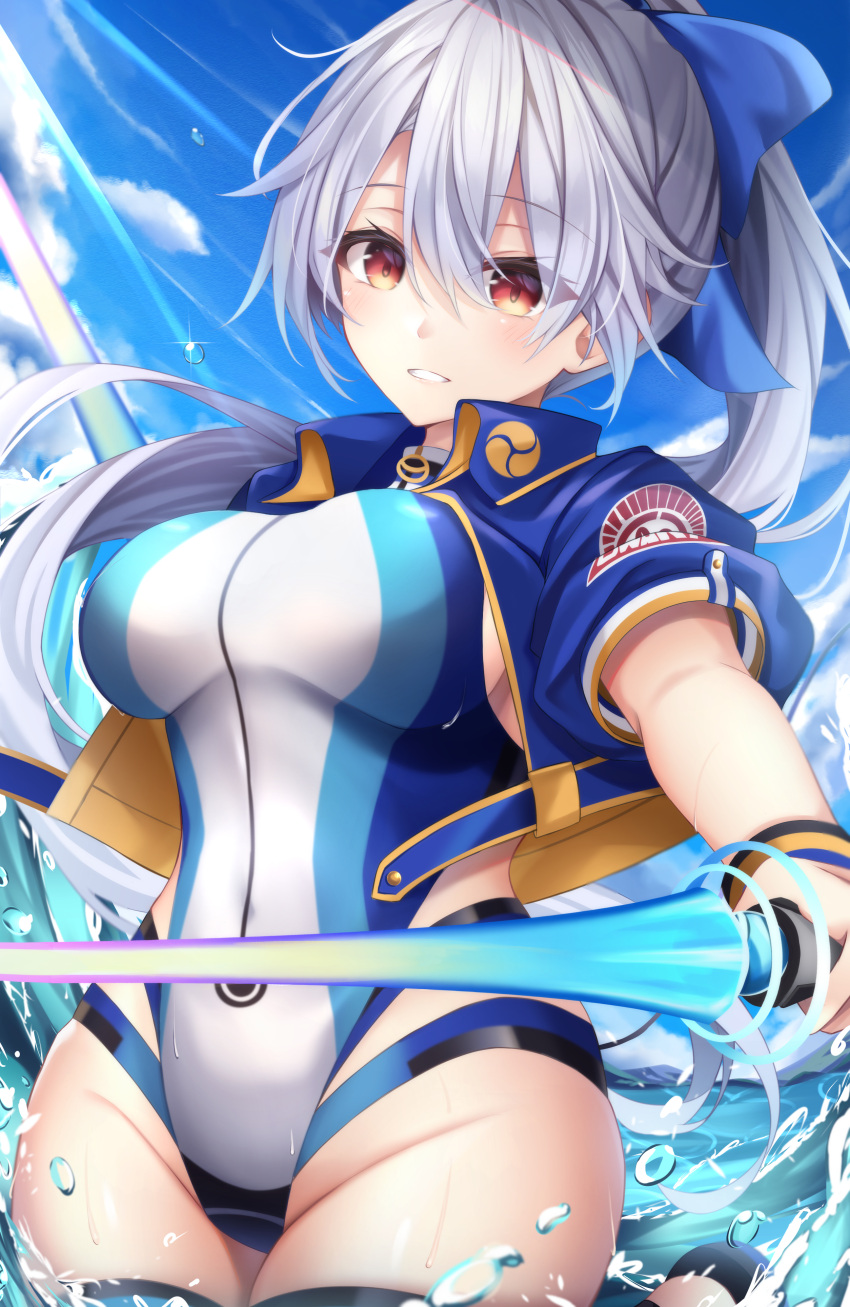 absurdres blue_bow blue_jacket blue_one-piece_swimsuit blue_sky bow breasts energy_sword fate/grand_order fate_(series) female grey_hair hair_between_eyes hairbow highleg highleg_swimsuit highres jacket large_breasts long_hair looking_at_viewer ocean one-piece_swimsuit open_clothes open_jacket ponytail red_eyes short_sleeves sky smile solo swimsuit sword thigh_strap thighs tomoe_gozen_(fate) tomoe_gozen_(swimsuit_saber)_(fate) tsukasa_tsubasa two-tone_swimsuit wading water weapon white_one-piece_swimsuit