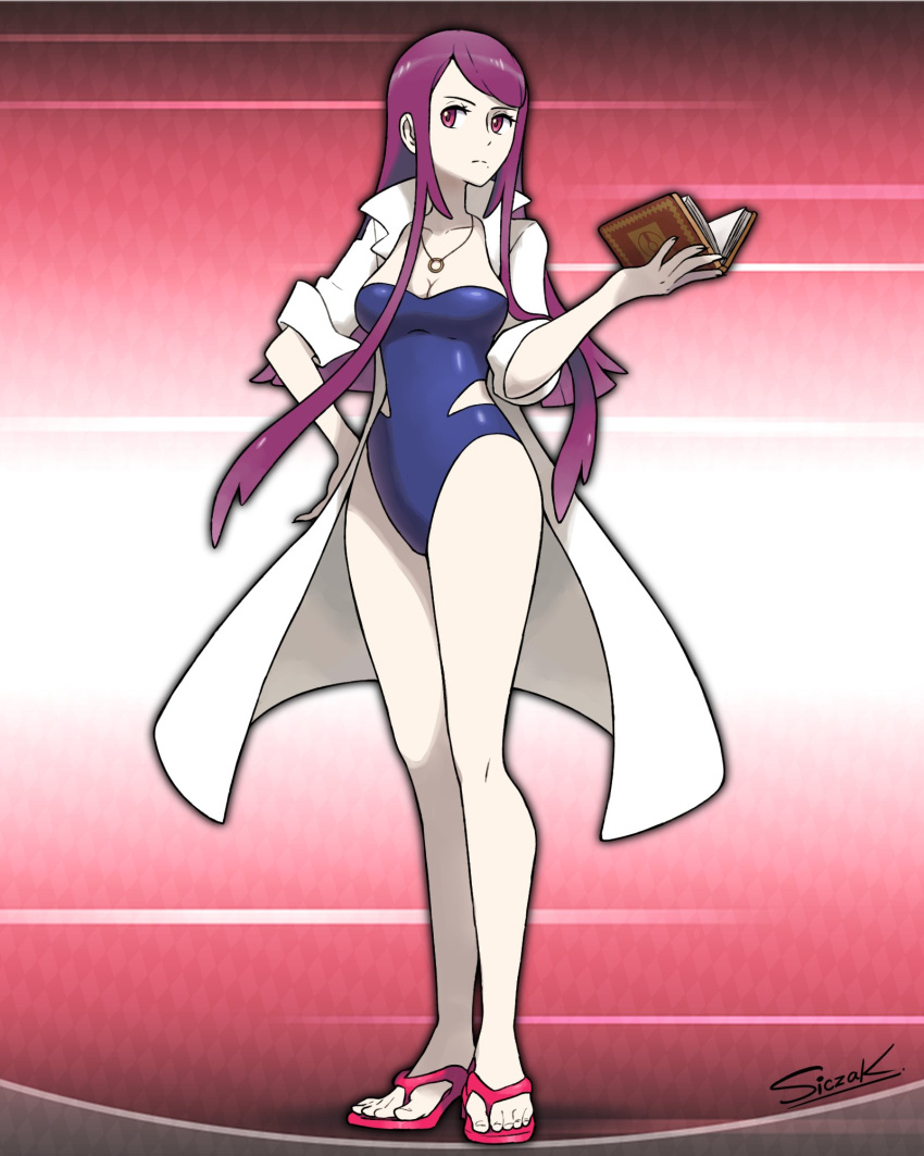 bare_legs breasts cleavage clothing_cutout commentary commission cosplay female fire_emblem fire_emblem_engage flip-flops full_body highres ivy_(fire_emblem) jewelry lab_coat large_breasts long_hair mole mole_under_mouth name_connection necklace official_style open_clothes parody philena_ivy philena_ivy_(cosplay) pokemon pokemon_(anime) pokemon_(classic_anime) pokemon_xy purple_eyes purple_hair sandals siczak sleeves_past_wrists solo spanish_commentary swimsuit toeless_footwear