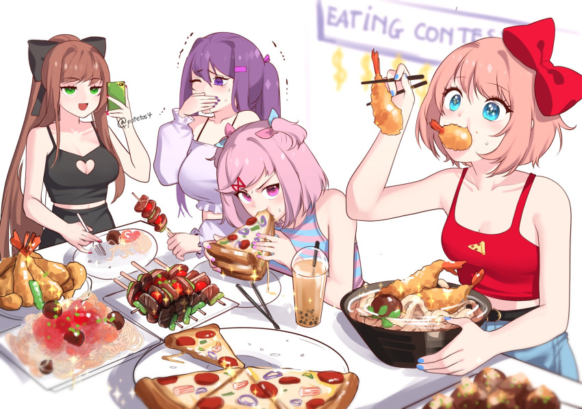 4girls :d alternate_hairstyle bare_arms bare_shoulders black_ribbon blue_eyes blue_nails bow bowl breasts brown_hair bubble_tea casual cellphone chopsticks clothing_cutout collarbone commentary covering_own_mouth doki_doki_literature_club eating eating_contest food food_in_mouth fork green_eyes hair_ornament hair_ribbon hairbow hairclip heart_cutout highres kebab large_breasts long_hair monika_(doki_doki_literature_club) multiple_girls natsuki_(doki_doki_literature_club) noodles one_eye_closed open_mouth phone pink_eyes pink_hair pink_nails pizza plate ponytail potetos7 purple_eyes purple_hair red_bow red_nails ribbon sayori_(doki_doki_literature_club) short_hair sidelocks smartphone smile sparkle sparkling_eyes symbol-only_commentary tank_top tempura twintails twitter_username very_long_hair wince yuri_(doki_doki_literature_club)