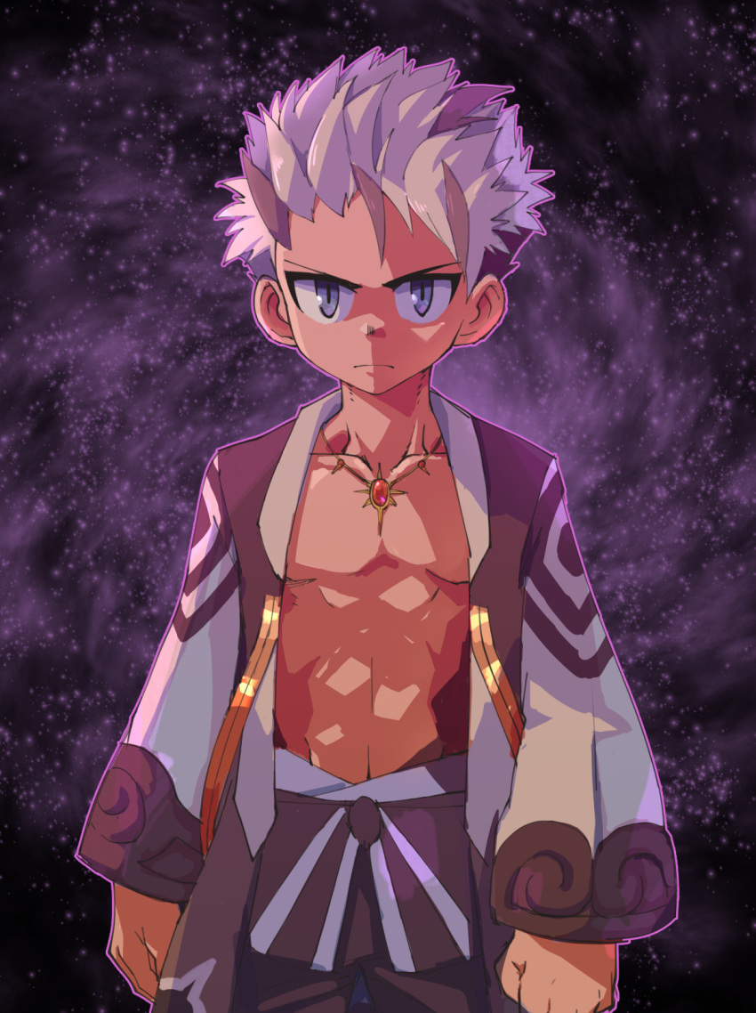 1boy abs character_request colored_skin gem highres jewelry kabon_(b00902061) lolicon looking_at_viewer male_focus multicolored_hair muscular muscular_child muscular_male orange_skin purple_eyes purple_hair scar scar_on_chest scared solo starry_background tower_of_saviors white_hair