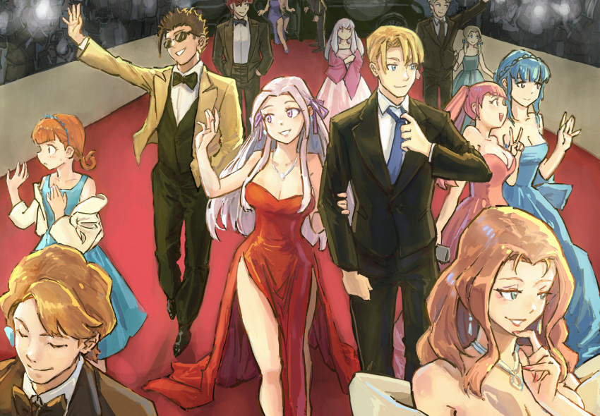 5boys 6+girls alternate_breast_size alternate_costume annette_fantine_dominic bare_shoulders black_jacket blue_dress blue_hair breasts brown_hair claude_von_riegan cleavage closed_eyes commentary contemporary dimitri_alexandre_blaiddyd dorothea_arnault dress earrings edelgard_von_hresvelg english_commentary ferdinand_von_aegir fire_emblem fire_emblem:_three_houses fleche_von_bergliez formal green_little grin hairband hilda_valentine_goneril jacket jewelry long_sleeves lysithea_von_ordelia marianne_von_edmund medium_breasts mercedes_von_martritz multiple_boys multiple_girls necklace off_shoulder orange_hair pink_dress pink_hair randolph_von_bergliez red_dress shirt sleeveless sleeveless_dress smile strapless strapless_dress sunglasses sylvain_jose_gautier white_hair white_jacket white_shirt yellow_jacket