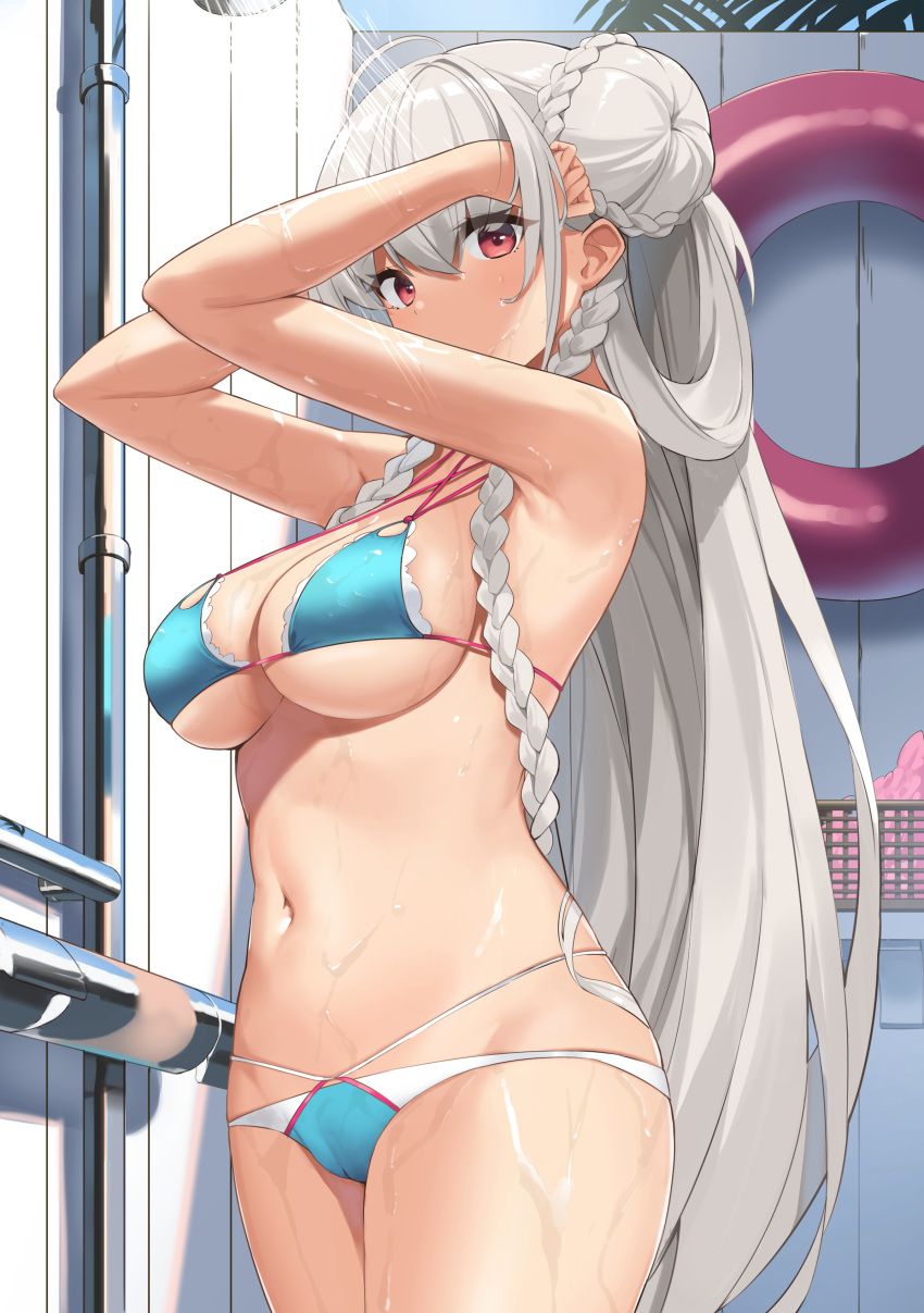 absurdres aqua_bikini armpits arms_behind_head arms_up azur_lane bare_shoulders bikini blush braid braided_bun breasts cleavage commentary criss-cross_halter double_bun female formidable_(azur_lane) formidable_(the_lady_of_the_beach)_(azur_lane) grey_hair hair_bun halterneck highres innertube large_breasts long_hair looking_at_viewer navel official_alternate_costume official_alternate_hairstyle red_eyes showering suiroh_(shideoukami) swim_ring swimsuit thighs very_long_hair wet