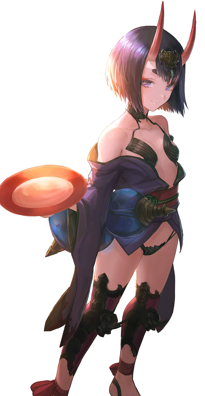 absurdres alcohol ankle_ribbon bare_shoulders barefoot barefoot_sandals_(jewelry) blush bob_cut breasts closed_mouth collarbone cup eyeliner fate/grand_order fate_(series) female gourd grey_background headpiece highres horns japanese_clothes kimono leg_ribbon legs long_sleeves looking_at_viewer makeup obi off_shoulder oni otsukemono petite purple_eyes purple_hair purple_kimono red_ribbon revealing_clothes ribbon sakazuki sake sash short_eyebrows short_hair short_kimono shuten_douji_(fate) simple_background skin-covered_horns small_breasts smile solo thighs