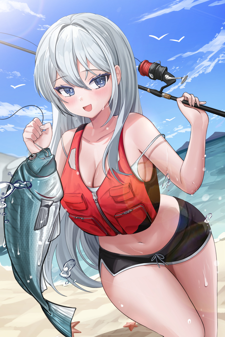 :d absurdres bare_arms bare_shoulders beach black_shorts blue_eyes breasts camisole cleavage collarbone crop_top cropped_vest day dolphin_shorts drawstring dutch_angle female fish fishing_rod hands_up highres holding life_vest long_hair looking_at_viewer medium_breasts micro_shorts midriff navel open_mouth original outdoors red_vest shirt short_shorts shorts side_slit sleeveless sleeveless_shirt smile solo spaghetti_strap stomach strap_slip suisen_(suisenhwa) thighs very_long_hair vest water wet white_hair white_shirt