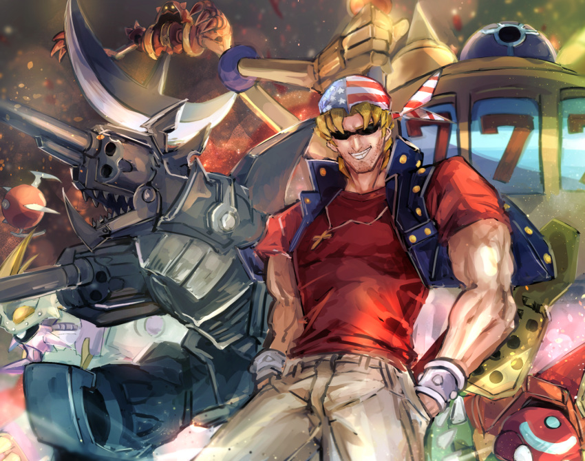 1boy american_flag american_flag_print bandana barrel_dragon claws cowboy_shot cross cross_necklace duel_monster facial_hair flag_print grin hands_in_pockets hatano_kiyoshi jewelry keith_howard launcher_spider male_focus metalzoa muscular muscular_male necklace pants pendulum_machine red_shirt robot shirt short_sleeves slot_machine slot_machine_(yu-gi-oh!) smile solo stubble sunglasses t-shirt teeth yu-gi-oh! yu-gi-oh!_duel_monsters