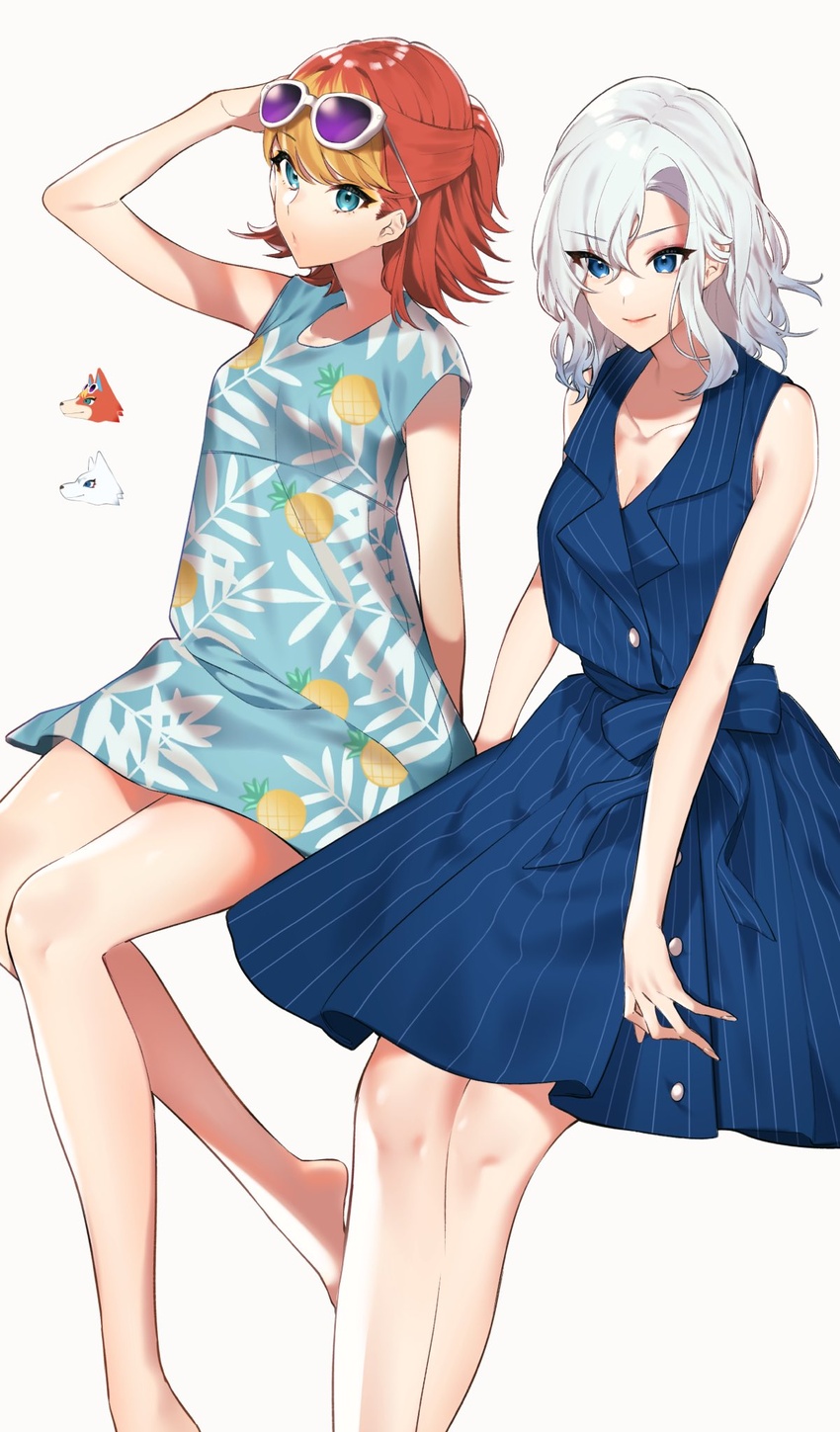 2girls animal_crossing aqua_eyes arm_up asymmetrical_bangs audie_(animal_crossing) bare_arms bare_legs bare_shoulders barefoot blonde_hair blue_dress blue_eyes breasts cleavage closed_mouth collarbone dress eyewear_on_head feet_out_of_frame highres humanization invisible_chair long_hair looking_at_viewer medium_breasts multicolored_hair multiple_girls pineapple_print print_dress purple-tinted_eyewear red_hair short_hair short_ponytail short_sleeves simple_background sino42 sitting sleeveless sleeveless_dress smile striped_clothes striped_dress sunglasses tinted_eyewear two-tone_hair vertical-striped_clothes vertical-striped_dress white-framed_eyewear white_background white_hair whitney_(animal_crossing)