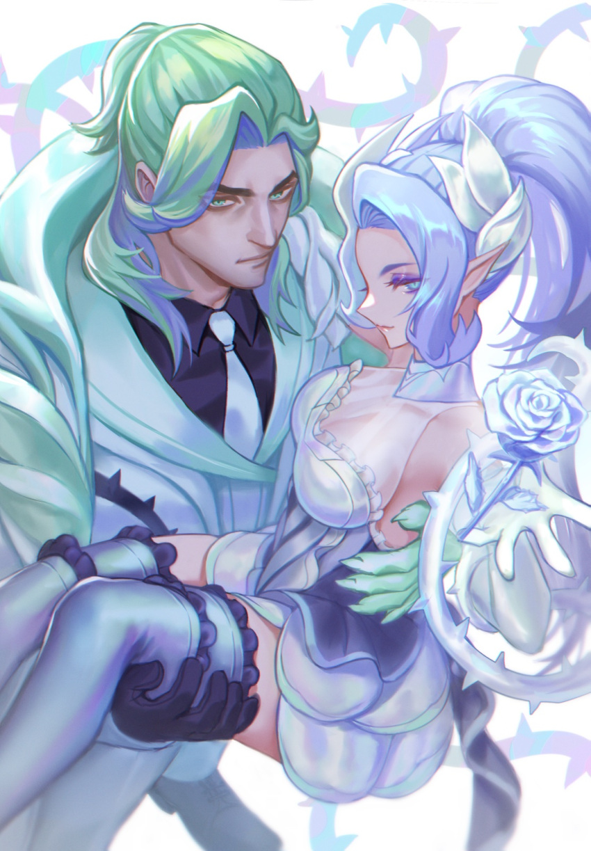 1boy aqua_cape aqua_eyes aqua_hair bare_shoulders black_gloves black_shirt breasts cape carrying carrying_person closed_mouth collared_shirt crystal_rose_swain crystal_rose_zyra dress eyeshadow female flower gloves highres imone_illust jacket league_of_legends long_hair looking_at_viewer makeup medium_breasts necktie official_alternate_costume pants purple_eyes purple_hair rose shirt swain_(league_of_legends) thighhighs white_dress white_flower white_gloves white_jacket white_pants white_rose zyra