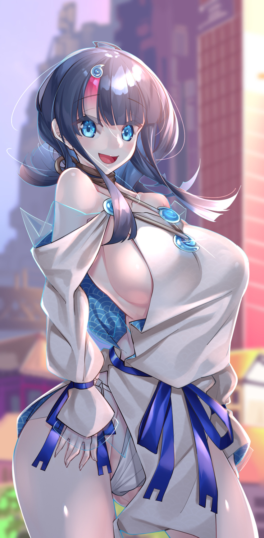 ahoge arched_back bare_shoulders black_hair blue_eyes blue_ribbon blunt_bangs blush breasts cityscape collarbone dress fate/grand_order fate/requiem fate_(series) female fundoshi highleg highres japanese_clothes jewelry long_sleeves looking_at_viewer magatama medium_hair multicolored_hair necklace off_shoulder open_mouth outdoors pink_hair ribbon seigaiha short_dress sideboob sidelocks smile solo streaked_hair thighs two-sided_fabric two-sided_skirt utsumi_erice watosu white_dress