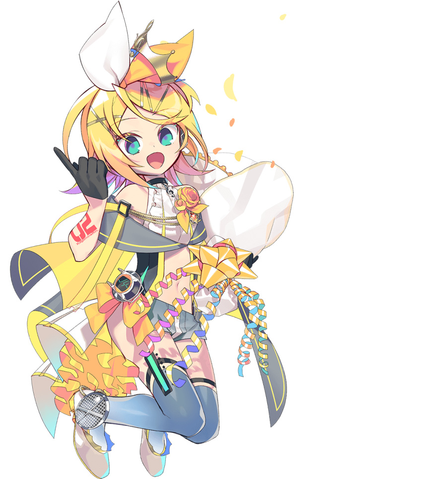 aqua_eyes arm_tattoo badge black_gloves blonde_hair bouquet bow cape center_frills character_name crop_top crown falling_petals female finger_counting floral_bow flower frills full_body gloves grey_cape grey_footwear grey_shorts hair_ornament hairbow hairclip half_gloves headphones highres hip_gear holding holding_bouquet kagamine_rin kagamine_rin/len_happy_14th_birthday looking_at_viewer midriff navel negi_(ulog'be) official_alternate_costume official_art over-kneehighs pendant_choker petals ribbon shirt short_hair short_shorts shorts smile solo speaker swept_bangs tattoo thighhighs transparent_background treble_clef two-tone_bow vocaloid white_bow white_shirt yellow_bow yellow_cape yellow_flower