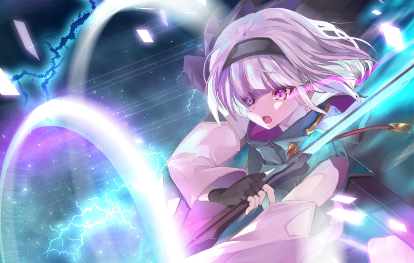 black_gloves black_hairband black_sclera blue_eyes bob_cut colored_sclera commentary electricity female fingerless_gloves gloves green_jacket hairband heterochromia high_collar holding holding_sword holding_weapon jacket konpaku_youmu light_particles long_sleeves looking_to_the_side open_mouth red_eyes shockwave short_hair solo sonic_boom_(speed) sword tendou_kaoru touhou weapon white_hair wind