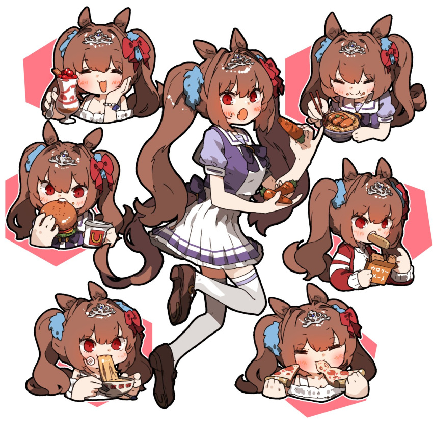 =_= amonitto animal_ears biting blush bowl bracelet brand_name_imitation brown_footwear brown_hair burger carrot_on_stick chopsticks cup daiwa_scarlet_(umamusume) disposable_cup eating fast_food female food food_on_face hair_intakes hand_on_own_cheek hand_on_own_face highres holding holding_chopsticks holding_food holding_pizza horse_ears horse_girl horse_tail ice_cream jacket jewelry kamaboko long_hair mcdonald's multiple_views narutomaki noodles oerba_yun_fang open_mouth pizza purple_shirt ramen red_eyes red_jacket sailor_collar school_uniform shirt shoes short_sleeves skirt smile sundae sweatdrop tail thighhighs tiara tracen_school_uniform twintails umamusume very_long_hair white_skirt white_thighhighs