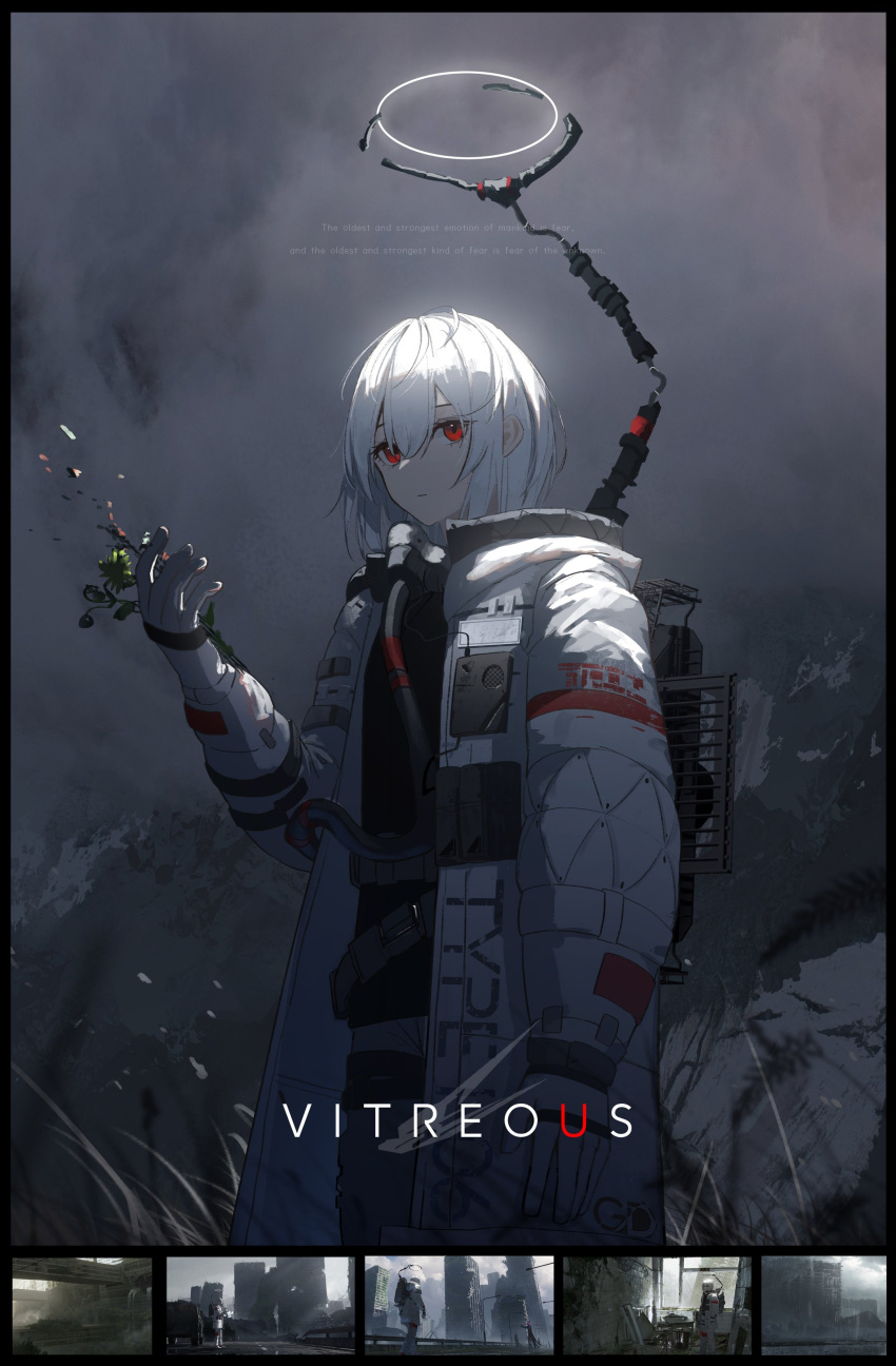 absurdres asteroid_ill cloud cloudy_sky coat commentary dark english_text feet_out_of_frame female flower gloves halo highres holding holding_flower light observer_(asteroid_ill) open_clothes open_coat original poster_(medium) red_eyes sky solo standing white_coat white_gloves white_hair wilted_flower wind