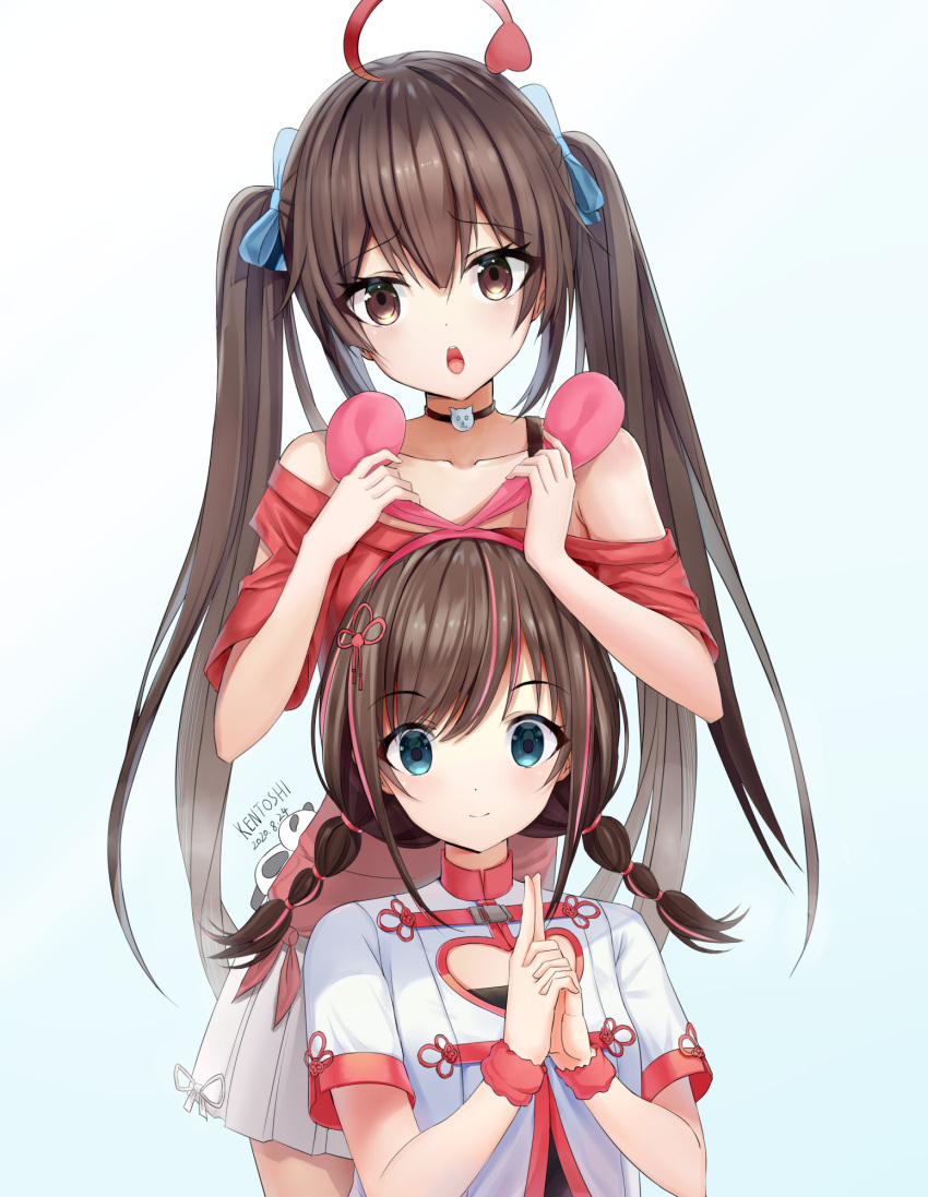 2girls ahoge bare_shoulders black_choker blue_bow blue_eyes bow breasts brown_eyes brown_hair choker cleavage cleavage_cutout clothing_cutout collarbone dyed_ahoge hair_between_eyes hair_ornament hair_ribbon hairbow hands_up highres holding holding_behind_back holding_ears kizuna_ai kizuna_ai_(chinese) kizuna_ai_inc. long_hair looking_at_viewer multicolored_hair multiple_girls off_shoulder open_mouth pink_hair red_ribbon ribbon shinka_musume shinka_musume_channel short_sleeves simple_background skirt small_breasts smile teeth twintails upper_teeth_only virtual_youtuber white_background xila_qian_tang_shi