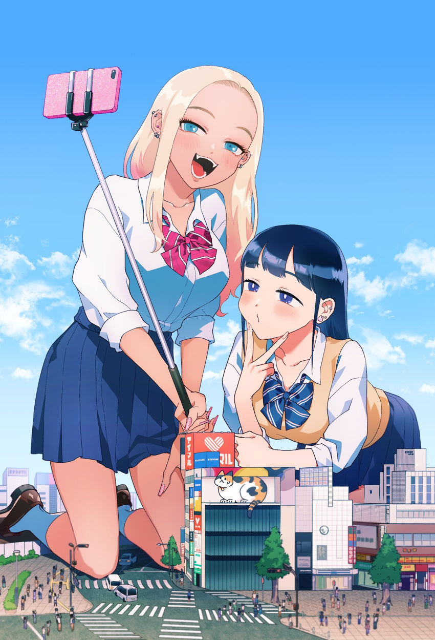 2girls blonde_hair blue_bow blue_bowtie blue_eyes blue_hair blue_skirt blue_sky bow bowtie brown_footwear building calico car cellphone city cloud collarbone commentary dark-skinned_female dark_skin dress_shirt ear_piercing fake_nails feline giant giantess gyaru highres loafers long_hair long_sleeves motor_vehicle multiple_girls nail_polish open_mouth original outdoors phone piercing pleated_skirt puckered_lips red_bow red_bowtie school_uniform selfie selfie_stick shinjuku_cat shirt shoes skirt sky smartphone smile socks sweater_vest taking_picture traffic traffic_light tree white_legwear white_shirt yoh_unoshimas