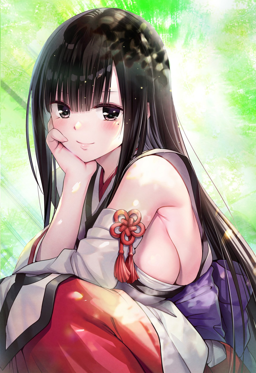 ayakashi_triangle black_eyes black_hair blush breasts cleaned commentary derivative_work detached_sleeves english_commentary eyelashes female happy highres hirasaka_mei_(ayatora) japanese_clothes large_breasts long_hair looking_at_viewer mole mole_under_eye momocchi18 official_art sideboob sitting smile solo yabuki_kentarou