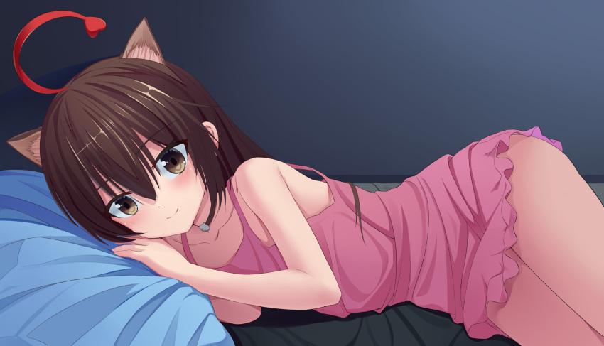 absurdres ahoge animal_ears bare_shoulders bed blush brown_eyes brown_hair cat_ears choker collarbone dress dyed_ahoge female hair_between_eyes hands_up highres long_hair looking_at_viewer lying on_bed on_side pov_across_bed ribbon shinka_musume shinka_musume_channel solo virtual_youtuber xila_qian_tang_shi