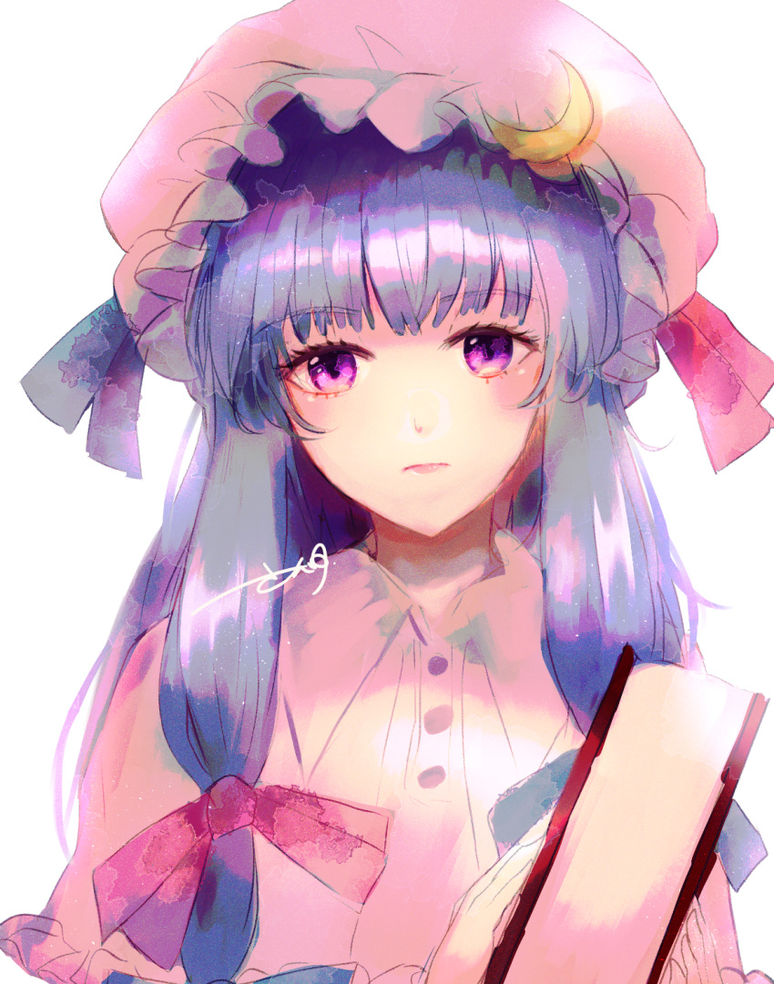 bad_id bad_pixiv_id blunt_bangs book capelet closed_mouth commentary_request crescent crescent_hat_ornament dress expressionless female hair_ribbon hat hat_ornament hat_ribbon highres holding holding_book long_hair mob_cap patchouli_knowledge pink_capelet pink_dress pink_hat pink_ribbon purple_eyes purple_hair purple_ribbon ribbon sango_(coral0707) signature simple_background solo touhou tress_ribbon upper_body white_background