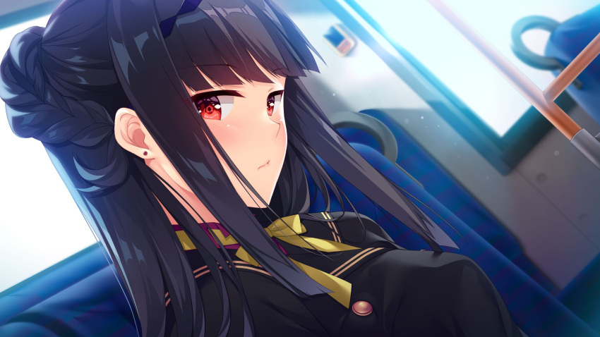 black_hair black_shirt bus_interior closed_mouth courreges_ace earrings female game_cg hajilove_-making_lovers- highres indoors jewelry long_hair neck_ribbon red_eyes ribbon shirt solo tanabe upper_body yellow_ribbon yofune_hatsuho