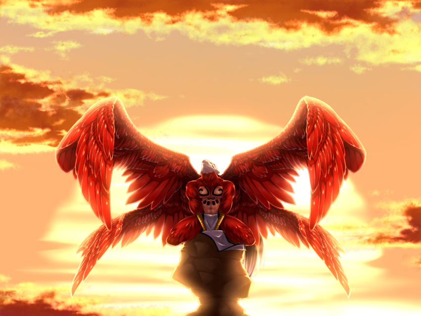 4:3 4_wings abirama_redder abs arrancar avian backlighting beak bleach_(series) bottomwear clothing cloud detailed_background dusk feathered_wings feathers hollow_(bleach) light lighting loincloth male mostly_nude multi_wing muscular pecs red_body red_feathers resurreccion rock solo spread_wings sunset tattoo wings