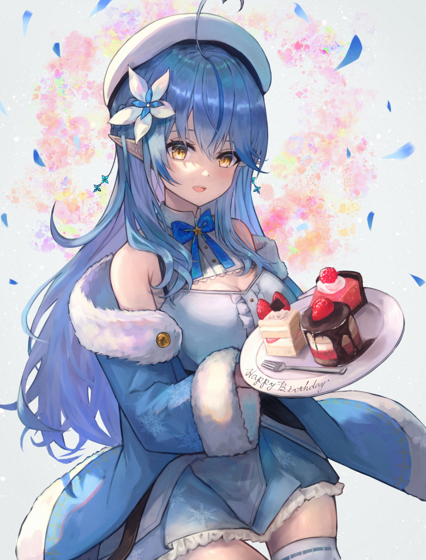 absurdres ahoge bare_shoulders beret blue_bow blue_bowtie blue_coat blue_hair blue_skirt blush bow bowtie braid breasts cake cake_slice coat colored_tips commentary_request cowboy_shot earrings female flower food fork hair_between_eyes hair_flower hair_ornament half_updo happy_birthday hat heart heart_ahoge highres holding holding_plate hololive jewelry large_breasts long_hair looking_at_viewer multicolored_hair off_shoulder open_clothes open_coat open_mouth plate pointy_ears shirt side_braid skirt sleeveless sleeveless_shirt smile solo standing streaked_hair thighhighs virtual_youtuber white_flower white_hat white_shirt white_thighhighs xyunx yellow_eyes yukihana_lamy yukihana_lamy_(1st_costume)